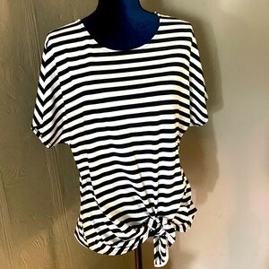 Crewneck black-and-white stripe blouse with tie front